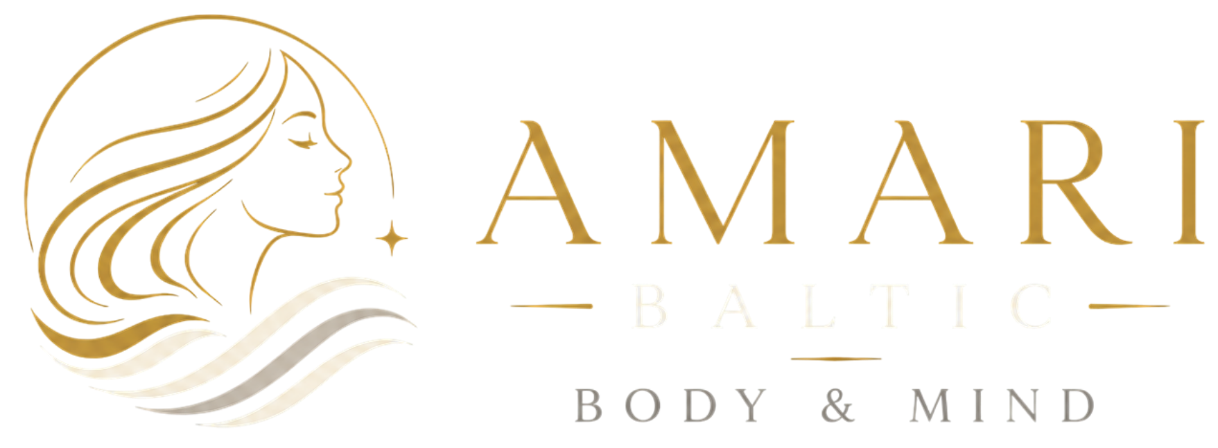 Grafika przedstawiająca poziome logotyp marki Amari Baltic Body & Mind na przezroczystym tle (szaro-biała kratka). Po lewej stronie znajduje się okrągły, elegancki sygnet w kolorze złotym, przedstawiający kontur kobiecej twarzy z zamkniętymi oczami i rozwianymi włosami, uzupełniony o małą gwiazdkę oraz subtelne fale na dole. Po prawej stronie umieszczono trójpoziomowy napis: najwyżej duże, złote, szeryfowe litery układające się w słowo „AMARI”; poniżej mniejszy, biały napis „BALTIC” ujęty w dwie poziome linie; na samym dole szary, minimalistyczny dopisek „BODY & MIND”.